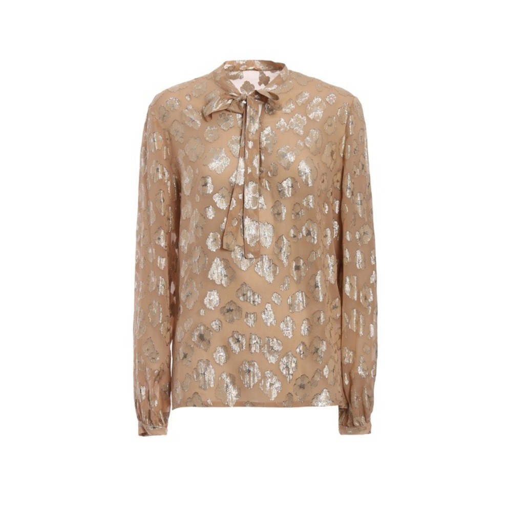 Saint Laurent Lamé Flowers Silk Blouse Gold Metallic Tie Neck Size 36 NWT - Picture 2 of 9